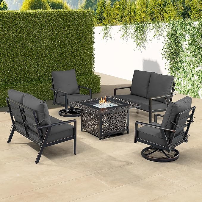 Oakland Living Black Aluminum Patio Fire Table Set with Two Deep Seating Loveseat with Cushions and Two Club Chairs with Black Cushions