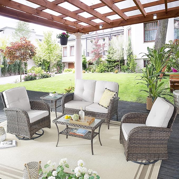 Belord Outdoor Wicker Furniture Set with Swivel Chairs, 5 Piece Small Patio Conversation Sets with Rattan Loveseat Coffee Table for Patio Deck Porch Backyard, Brown Wicker Beige Cushion