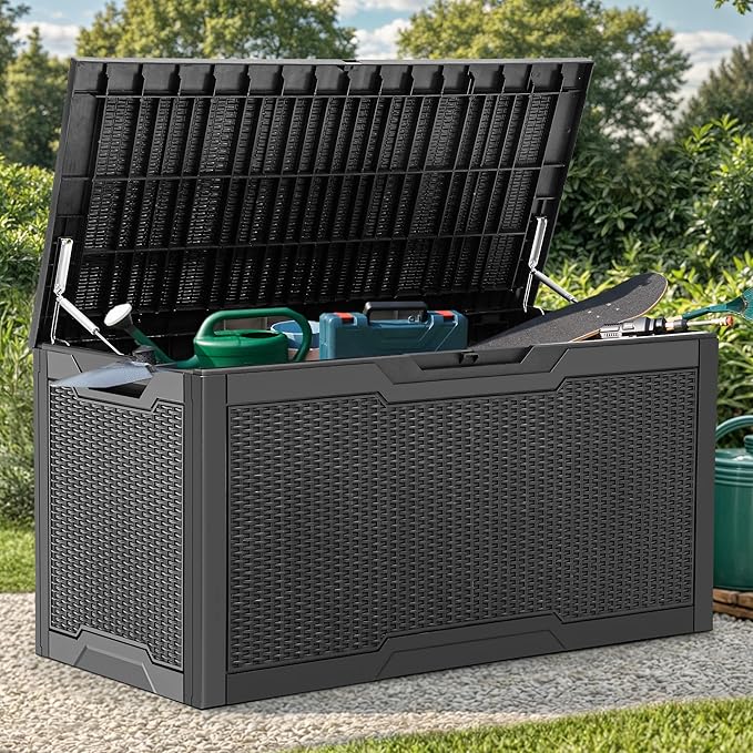 YITAHOME 100 Gallon Outdoor Storage Box, Large Water Resistant Resin Deck Box, Indoor Outdoor Lockable Storage Container for Patio, Garden, Cushions, Tools, Equipment (Black)