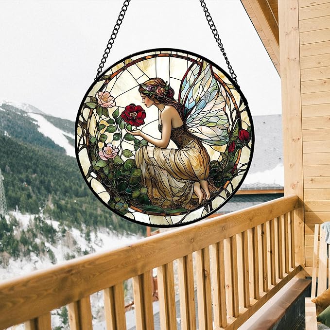 JOSUMALY Stained Glass Window Hanging - Butterfly Flower Fairy Suncatcher for Door Terrace Garden Home Decor Yellow Green Plants Sun Catcher Birthday Gifts for Lovers Women Men Dad Mom Nana 7.8 in