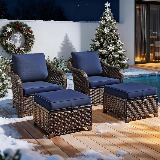 4 Pieces Patio Outdoor Conversation Furniture Set with Cushions, All-Weather Wicker Ottomans, PE Rattan 2 Chairs for Backyard, Deck, Lawn (Navy Blue)