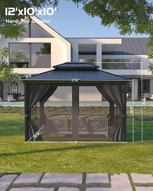 GarveeLife Hardtop Gazebo 10 ft x12 ft for All Weather, with Waterproof Double Metal Roof, Aluminum Alloy Frame, Net, and Curtain, Permanent Building for Patio, Deck, Backyard, Lawn, and Garden