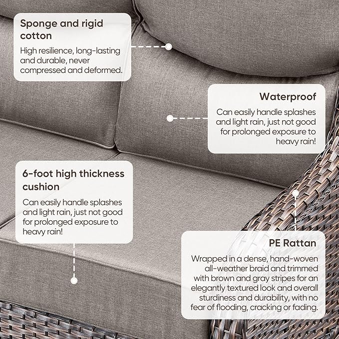 Luxury Patio Sofa 3-Seat Wicker Couch with 6" Thick Cushion - Outdoor Furniture Rattan Sofa with Deep Seating High Back Outdoor Sofa for Patio Garden Balcony Sunroom Backyard, Brown Grey