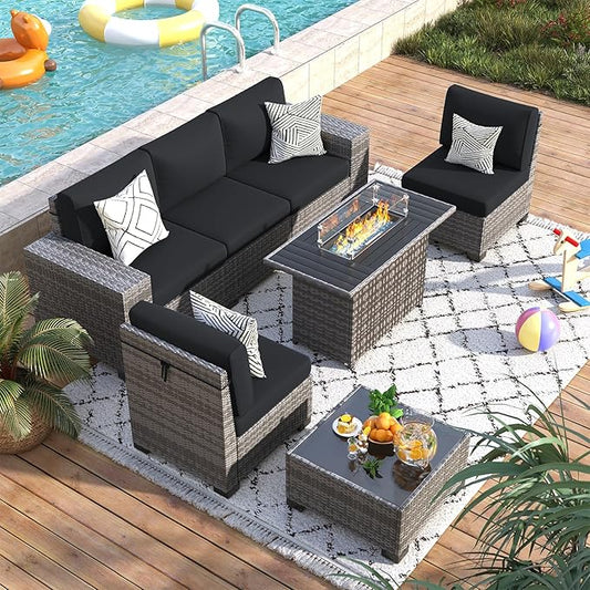 7 Piece Patio Furniture Set with Fire Pit Table, Outdoor Sectional Conversation Sets Wicker Rattan Sectional Sofa with Coffee Table for Patio Garden Backyard, 4'' Thickened Cushion Black
