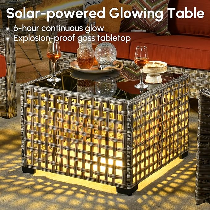 6 Pieces Patio Outdoor Furniture Set,All Weather Wicker Rattan Patio Seating Sofa and Chair Set w/Ottoman and Glowing Coffee Table,Outdoor Conversation Sets for Deck Yard Garden,Orange Red