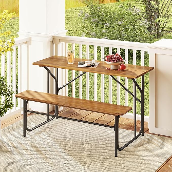 Tangkula Patio Dining Bench Set, Heavy-Duty Outdoor Acacia Wood Dining Furniture with Metal Legs for Balcony, Backyard, Poolside, Garden (2,52” x 32” x 29.5”)