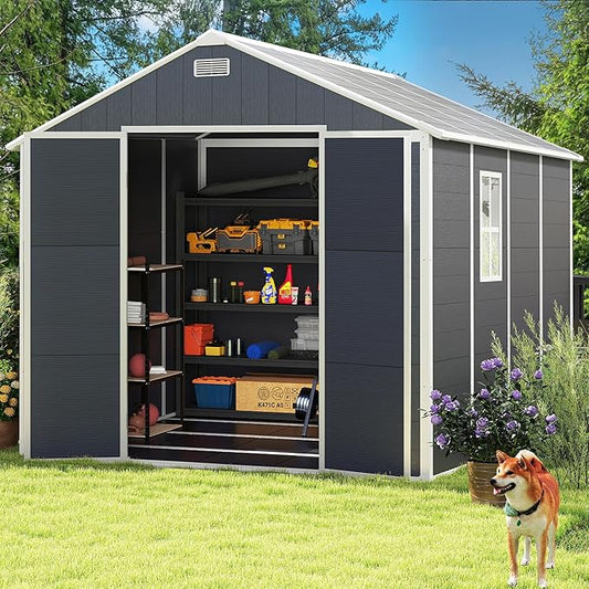 Resin Storage Shed 8x8ft, Outdoor Storage Sheds with Floor, Window, Lockable Doors and Vents, 12mm Thick pp Board, Large Storage Space Tool Shed for Bike, Garden, Backyard, Lawn (Dark Gray, 8 * 8ft)
