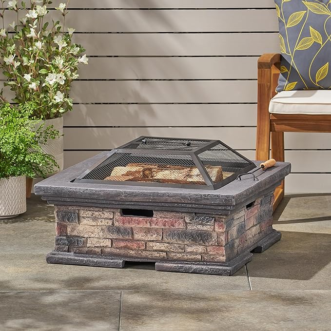 29 Inch Fire Pits for Outside Wood Burning, MGO Square Firepits for Outside, Wood Burning Fire Pit for Camping, Garden, Backyard, Bonfire Party, Stone Gray