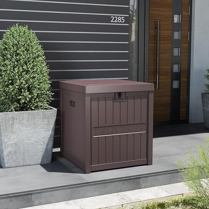 51 Gallon Resin Package Bin for Outside, Secure Lockable Package Box for Front Porch, Large Outdoor Waterproof Deck Box, Brown
