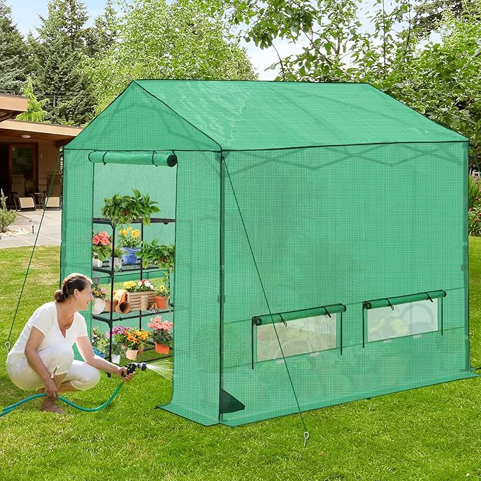 8x8 Pop Up Walk-in Greenhouse, Indoor & Outdoor PE Cover Green House with Power Access Ports, Roll-up Zippered Doors and Windows, Green