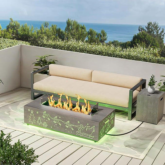 42" Propane Fire Pit Table with Christmas Cutout Decoration and RGB Lights – 50,000 BTU with Wind Guard Glass, Lid, Rocks and Cover – Outdoor Fireplace (Grey/Christmas RGB, 42" LED)