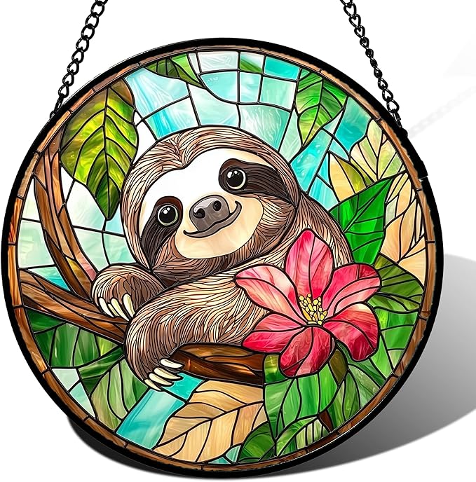 AMDERVEN Stained Glass Window Hanging, Cute Sloth Sun Catcher for Door Home Decor Animal Suncatcher Christmas Mother's Day Birthday Gifts for Women Men Mom and Nana 15 in