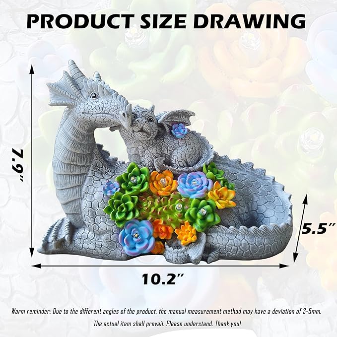 VIOYOUNS Solar Dragon Statue with LED Lights, Dargon Lover Gifts with Succulent and 6 LED Lights for Outdoor,Solar Dragon Decor for Yard, Garden and Patio, Unique Garden Statue for Mom Grandma