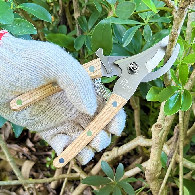 Pruning Shears for Gardening - 7.5" Hand Pruners with High Carbon Steel Blade, 5/8" Cutting Capacity, Ergonomic Wood-Inlaid Steel Handles, Safety Lock & a Spring Included - Garden Clippers