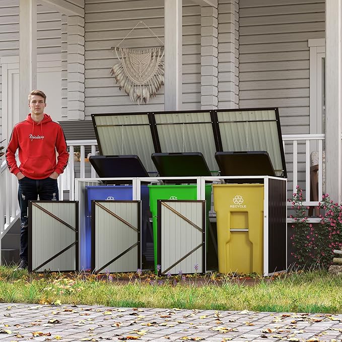 Outdoor Storage Shed Metal Trash Can Storage,120 Cu.Ft Garbage Can Storage Shed W/Lid Chain,Door Bolt & Pneumatic Spring Support Rods,for 3 Trash Bins,Bike,Garden Tools,Dark Gray