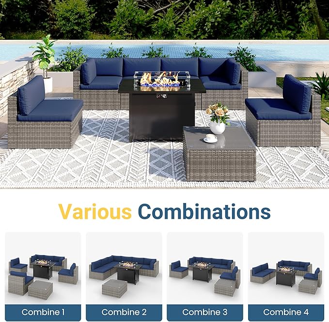 8 Pieces Outdoor Patio Furniture Set with 43" Fire Pit Table, Wicker Outdoor Patio Sectional Sofas with Coffee Table and Cushions, All-Weather Patio Conversation Set for Backyard Garden, Navy Blue