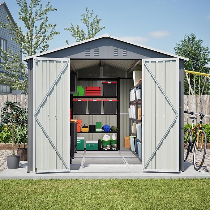8x12 FT Metal Outdoor Storage Shed,Garden Shed W/ 2 Reversible Lockable Doors & Updated Frame Structure,Outdoor Backyard Tool House W/ 4 Air Vents & Sloped Roof,for Patio,Lawn,Grey