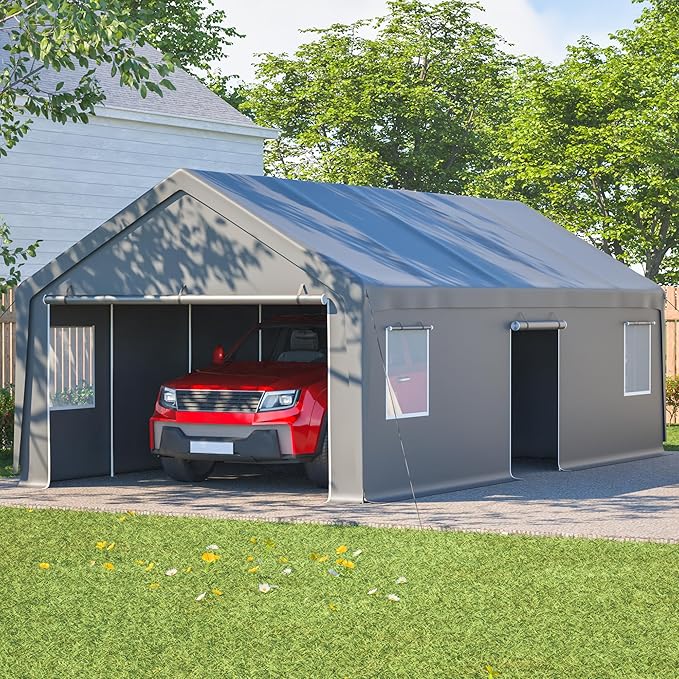 13x26 FT Canopy with 2 Roll-Up Doors,Waterproof Party Tent w/Steel Frame & Ventilation Windows,Carport & Storage Shelter for Vehicle,Car,Grey