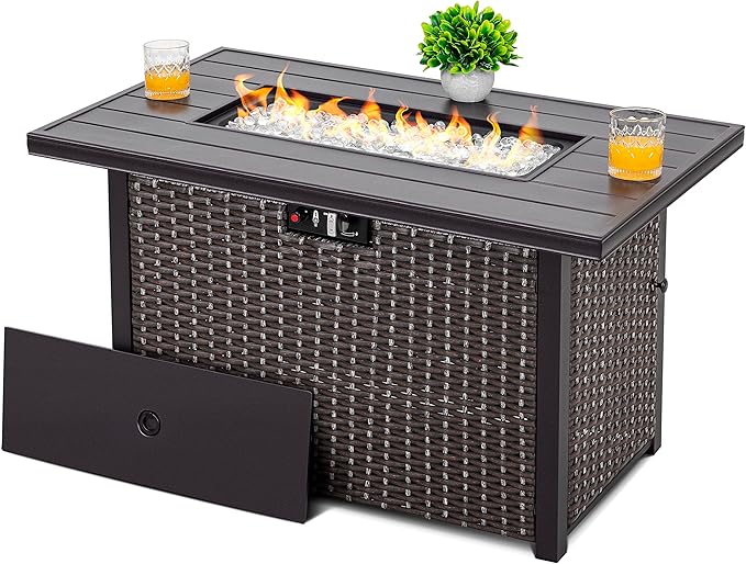 Nuu Garden 43" Propane Fire Pit Table, 50,000 BTU CSA Certified Outdoor Gas Fire Pit with Aluminum Tabletop, Removable Lid, 7 lbs Glass Rocks & Waterproof Oxford Cover, Brown