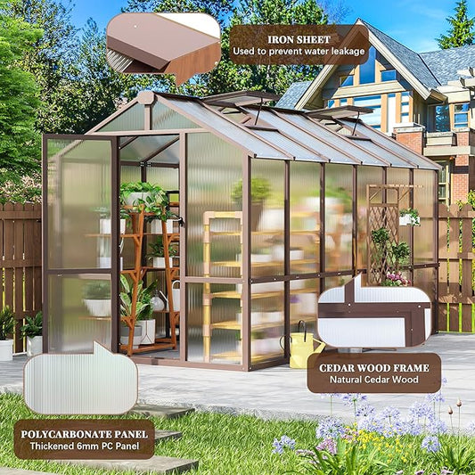 6x12 FT Wooden Greenhouse, Polycarbonate Greenhouse with Adjustable Roof Vents and 6MM Thick Polycarbonate Panel, Walk-in greenhouses for Outdoors for Garden Backyard, Patio, Lawn, Brown