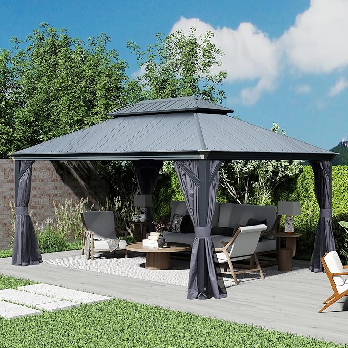 Domi 12' X 16' Hardtop Gazebo, Upgraded Metal Gazebo with Dual-Layer Resin Roof, Drainage System, Curtain and Netting, Outdoor Shelter Canopy for Patio, Garden, and Backyard, Grey