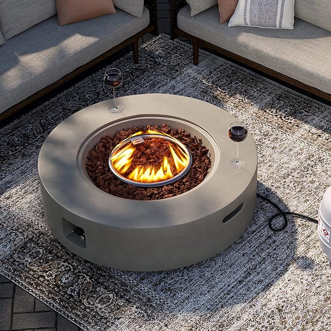SUNBURY Outdoor 42" Propane Fire Pit Table, 50000 BTU Gray Patio Fire Table, Concrete Round Gas Fire Table w Lava Rocks