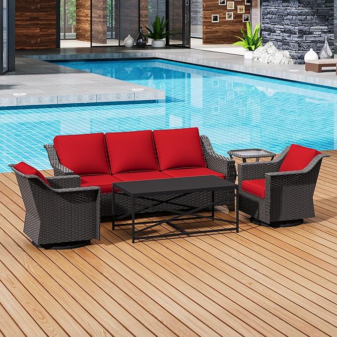 5 Pieces Outdoor Conversation Furniture Set - 77" Patio Sofa, 2 Swivel Rocker Chairs, 1 Side Table, 1 Metal Coffee Table, Patio Wicker Couch Set with Washable Cushions for Porch (Red)