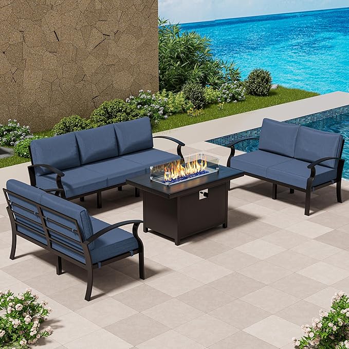 Aluminum Patio Furniture Set with Fire Pit Table, 7 Seats Outdoor Conversation Set Modern Metal Sectional Sofa with Upgrade Cushions for Backyard, Navy