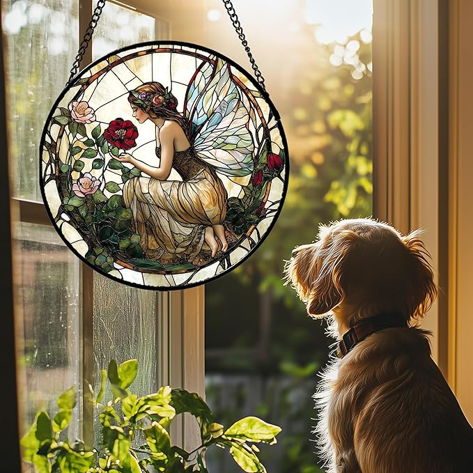 JOSUMALY Stained Glass Window Hanging - Butterfly Flower Fairy Suncatcher for Door Terrace Garden Home Decor Yellow Green Plants Sun Catcher Birthday Gifts for Lovers Women Men Dad Mom Nana 6.3 in