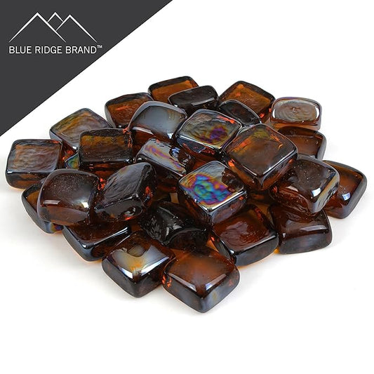 Reflective Fire Pit Glass Cubes - Professional Grade Fire Glass for Fire Pit - 1" Firepit Glass Rock - Glass Stones - Gas & Propane Fire Pit & Fireplace Glass (10 Pound, Amber)