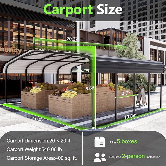 Royal Windsor 20×20 FT Metal Carport Car Port for 2 Car, Heavy Duty Carports Canopy with Galvanized Steel Roof Building and Frame, Outdoor Carport Kits Multi-Use Garage Shed
