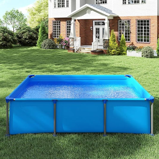 GYMAX 8.5' x 6' x 26" Metal Frame Above Ground Swimming Pool, Outdoor Backyard Famliy Pool w/Puncture-Resistant Fabric, Drainage Valve Connector for Kids & Adults (8.5' x 6' x 26", Rectangle, Blue)