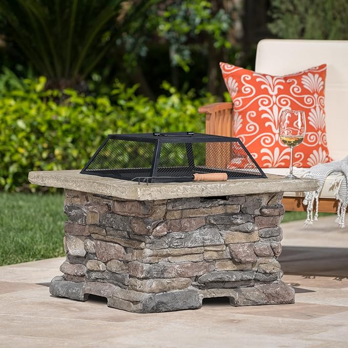 Outdoor Fire Pit Table, 28.5 Inch Wood Burning Fire Pit for Patio with Spark Screen, Fire Poker, MGO Square Fireplace for Camping, Garden, Backyard, Bonfire Party, Stone Gray