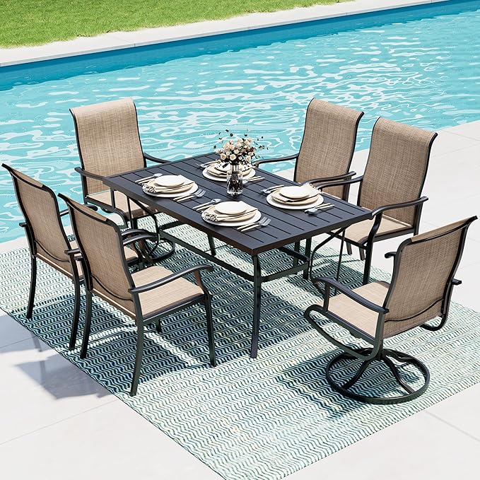 Pamapic 7-Piece Outdoor Dining Set, Patio Dining Set for 6, All-Weather Outdoor Patio Set with 2 Textilene Swivel Chairs & 4 Regular Chairs for Garden, Poolside, Deck，Beige