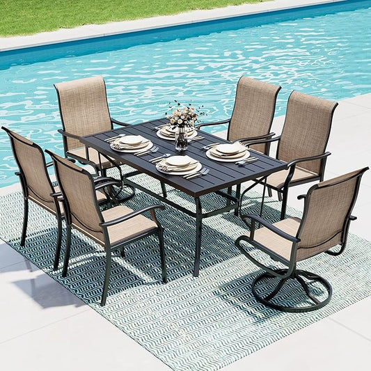 7-Piece Outdoor Dining Set, Patio Furniture Set with 2 Textilene Swivel Chairs & 4 Regular Chairs,Patio Dining Set with 1 Rectangular Table for Garden, Backyard, Poolside, Deck, Beige