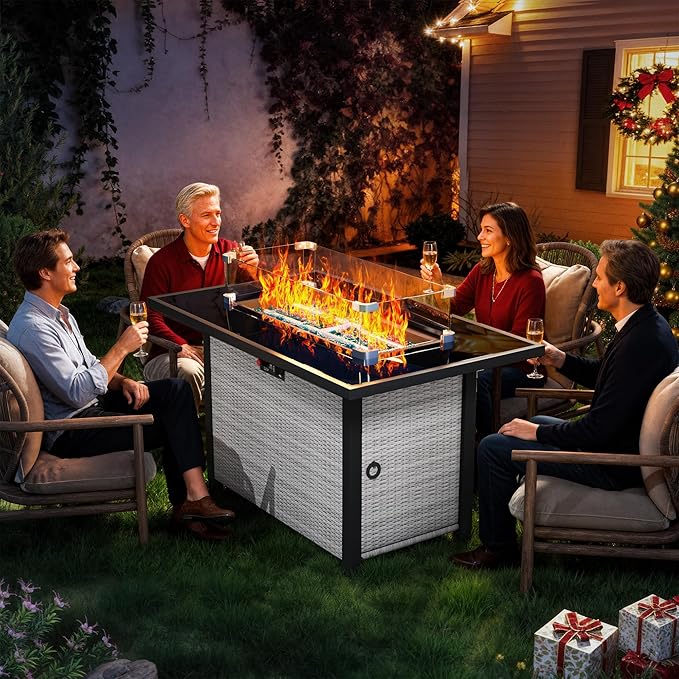 43-Inch Propane Fire Pit Table, Rattan Rectangular Outdoor Gas Fire Pit with Glass Wind Guard, Tempered Glass Tabletop & Lid, CSA Listed, 60,000 BTU, 304 Stainless Steel H-Burner, for Outside Patio