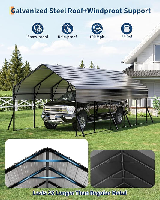 13'x26' Metal Carport, Heavy Duty Car Ports Kit for Trucks, Boats, RV, Tractor, Reinforced Frame with Anchors, Easy Assembly