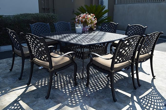 Nassau Outdoor Patio 9-pc Dining Set 64 X 64 Cast Aluminum (9-pc Set (with 8 Regular Chairs), Walnut)