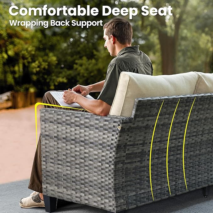 ovios 7 Pieces Patio Furniture Set, Outdoor Wicker Sofa Couch with Rocking Swivel Chairs Fire Pit Table, Modern Deep Seat Rattan Conversation Sets for Porch Deck, Beige