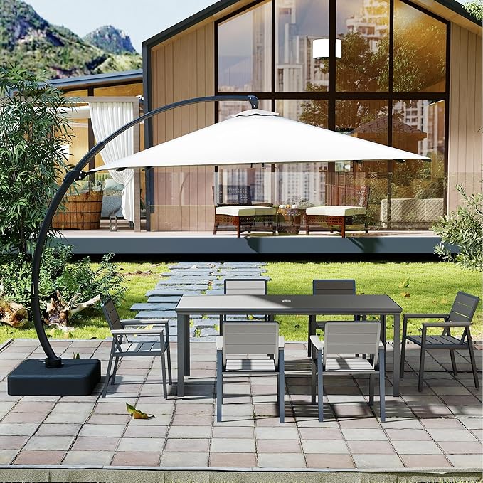 Kingdura 7 Piece Patio Dining Set for 6, HDPE Outdoor Table & Chairs with 11ft Cantilever Patio Umbrella, All-Weather Outdoor Furniture Patio Conversation Set for Lawn Pool Backyard, Grey