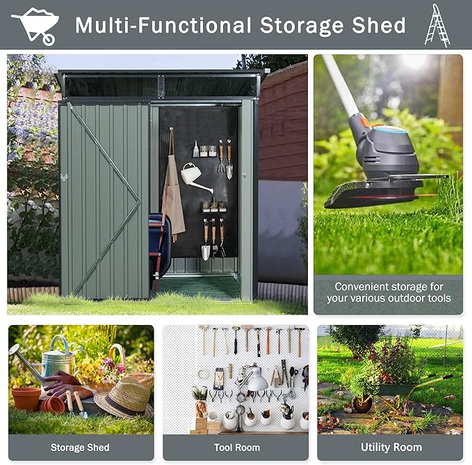 Favfurish 5 x 3 FT Outdoor Storage Shed, Metal Versatile Garden Shed with Lockable Door, Transparent Plate, Air Vents, Waterproof Storage House Tool Shed for Backyard Patio Lawn, Black