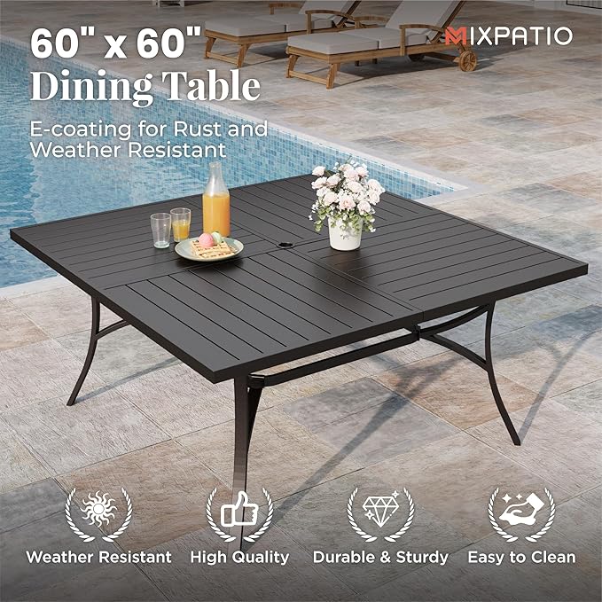 9 Pieces Patio Table and Chairs Set, Patio Dining Set for 8, 8 Red Textilene Chairs and 1 Large Square Patio Dining Table with Umbrella Hole, for Deck Backyard Lawn Poolside