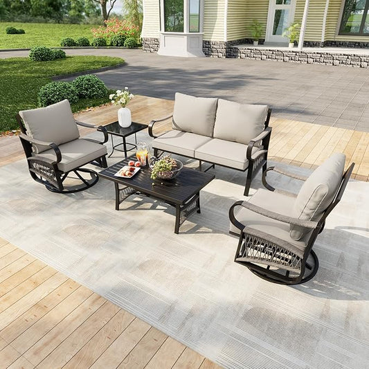 5 Pieces Outdoor Patio Conversation Sets, Outdoor Furniture Set Metal Swivel Rocking Chairs with Side Table, Loveseat Sofa with Coffee Table for Backyard Deck Porch Poolside, Beige