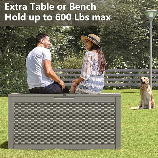 31 Gallon Resin Deck Boxes Waterproof, Waterproof and UV Resistant Outdoor Storage Box Lockable Lid for Delivery Box, Indoor, Garden Tools, Pool Supplies, Patio (Grey, 100 Gallon)
