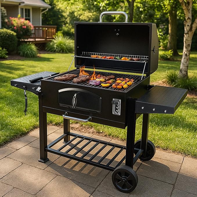 Grill Boss Charcoal Grill with Large 32-Inch Cooking Area - Includes Warming Rack, Side Shelves, Bottom Storage and Wheels for Outdoor BBQ, Tailgating, Camping & Backyard Grilling