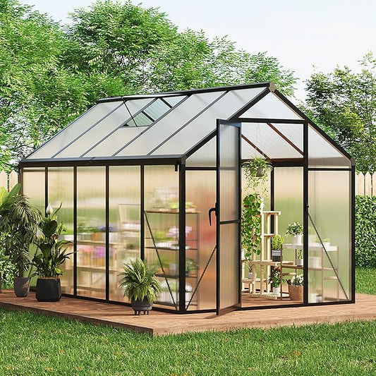 6x10 FT Greenhouse, Polycarbonate Walk-in Greenhouse for Outdoors with Roof Vent & Lockable Outward-Opening Swing Door, Heavy-Duty Aluminum Green House for Garden, Backyard, Patio, Lawn, Dark Grey