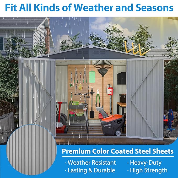 6x8 FT Outdoor Storage Shed, Metal Garden Shed with Frame Floor, Outside Tool Shed with Lockable Hinged Doors, Waterproof Storage Building with Sloped Roof for Backyard, Patio, Lawn, Gray