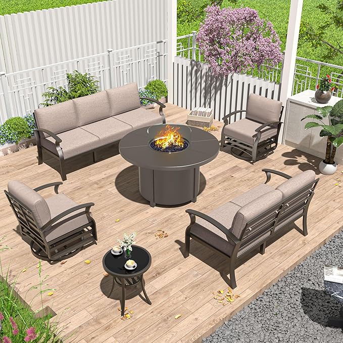 Aluminum Patio Furniture Set with Round Fire Pit Table, 7 Seats Outdoor Conversation Sets Modern Metal Patio Sectional Sofa with Upgrade Cushions for Patio, Backyard Sand
