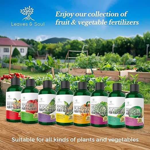 LEAVES AND SOUL Professional Liquid Zucchini Fertilizer | 5-1-5 Concentrate, Liquid Plant Fertilizer for Garden, Healthy Produce, Good Harvest, Multi-Purpose Blend & Gardening Supplies | 8 oz