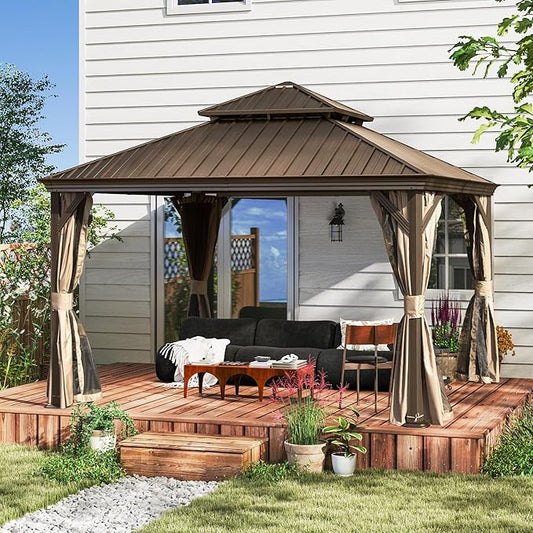 Domi 12x12FT Outdoor Gazebo, Hardtop Gazebo with Galvanized Steel Double Roof, Metal Gazebos with Drainage System Patio Pergola for Patio Deck Backyard,Curtain and Netting,Brown